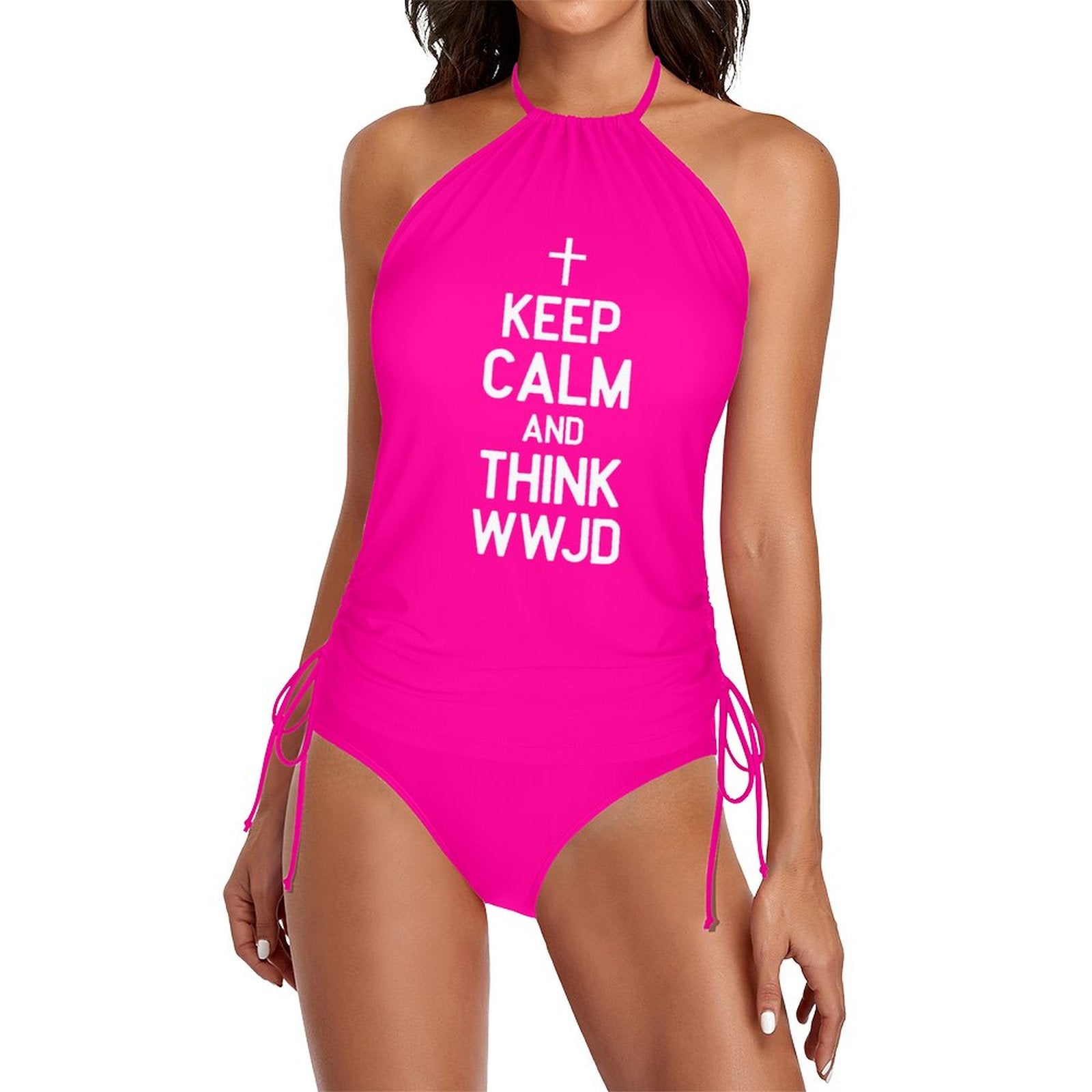 Keep Calm and Think WWJD Women's Christian Halter High Neck 2 - Piece Swimsuit Set - ClaimedbyGodDesigns