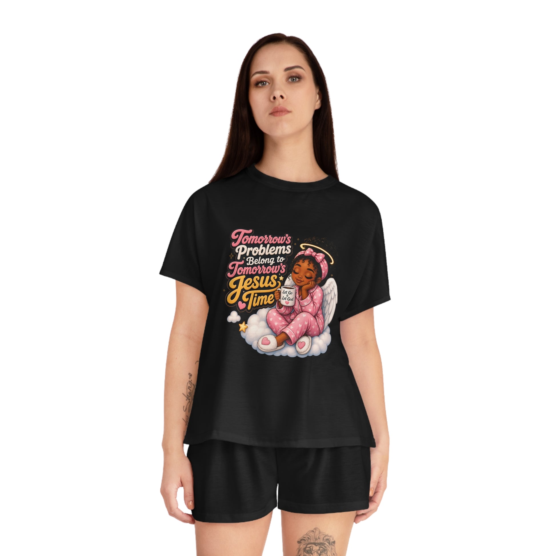 Women's Pajama Set — 'Tomorrow's Problems, Jesus' Time' Angel Graphic Sleepwear - ClaimedbyGodDesigns