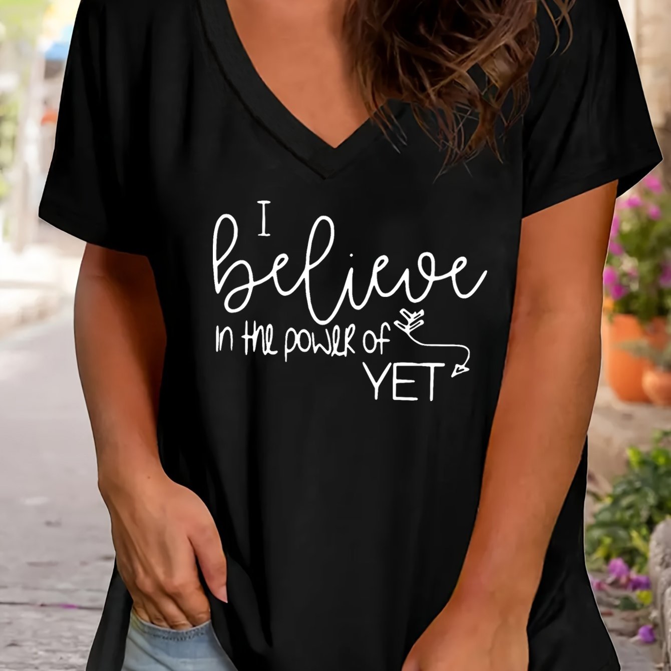 Believe In The Power Of Yet Plus Size Women's Christian V Neck T-Shirt claimedbygoddesigns