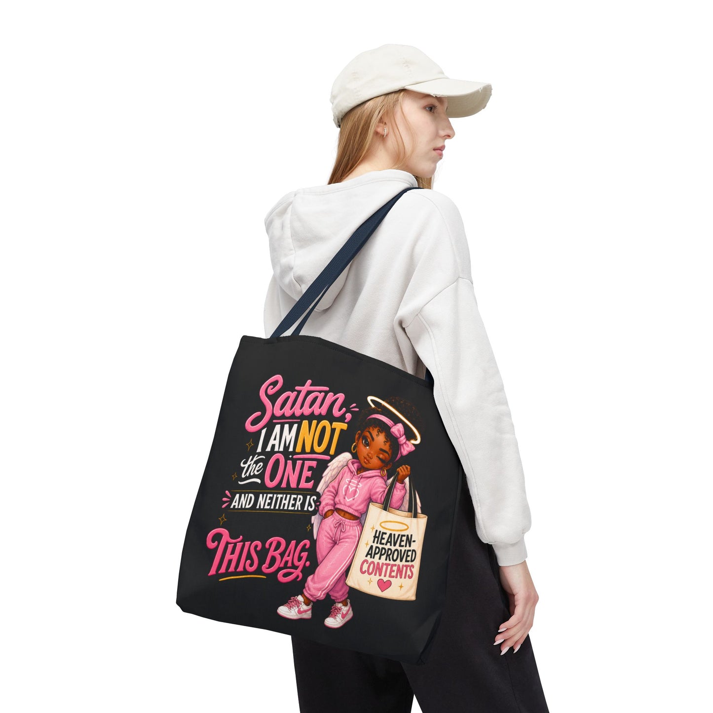 Tote Bag — "Satan I Am Not The One" Retro Angel Girl Tote (Heaven Approved Content) - ClaimedbyGodDesigns