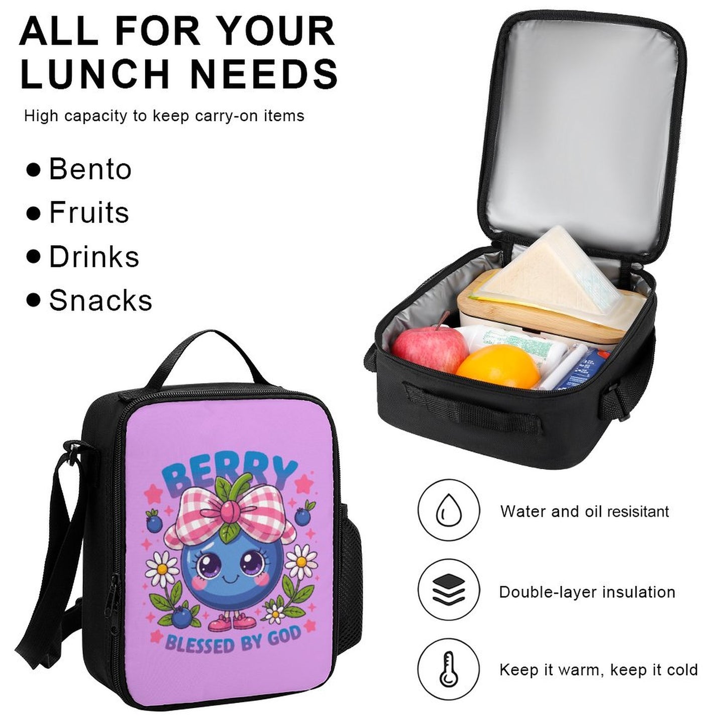 Berry Blessed Christian Backpack Set of 3 Bags (Shoulder Bag Lunch Bag & Pencil Pouch)