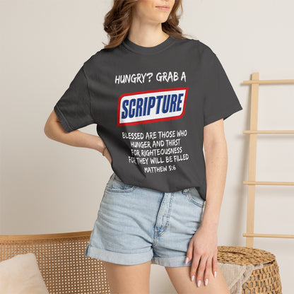 Scripture Snack T-Shirt — "Hungry? Grab a Scripture" Matthew 5:6 Christian Tee