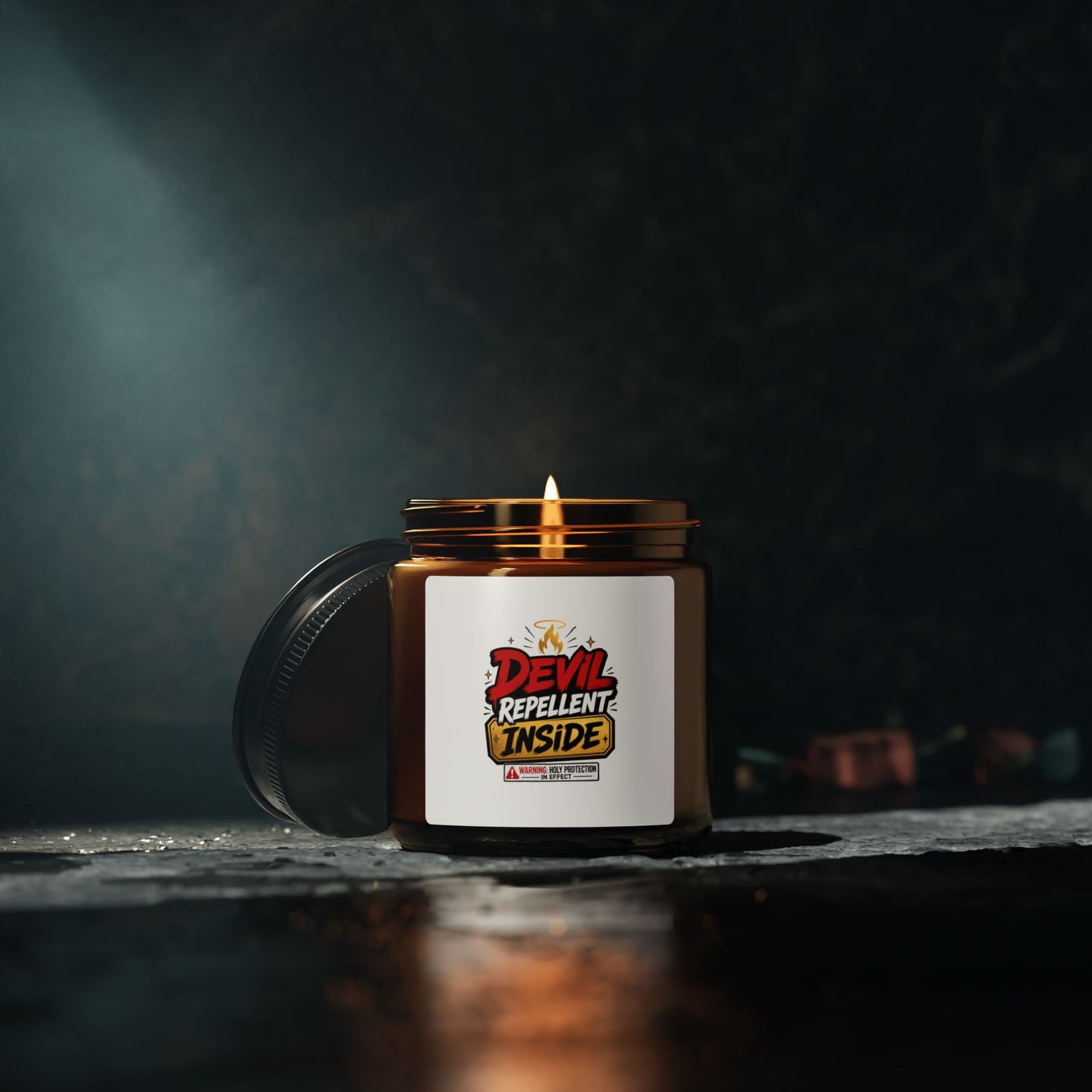 Soy Candle — “Devil Repellent Inside” Amber Jar (Scented, Multi - Size) - ClaimedbyGodDesigns