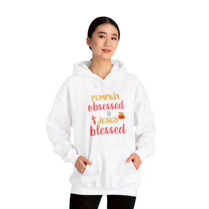 Pumpkin Obsessed And Blessed by Him Halloween Unisex Christian Pullover Hooded Sweatshirt