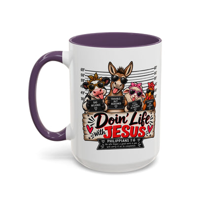 Doin’ Life with Jesus Funny Christian Farm Animal Mugshot Coffee Mug | Philippians 1:6