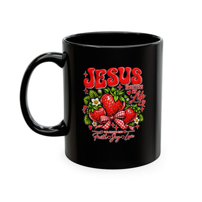 Ceramic Mug — "Jesus Sweetens My Life" Strawberry Faith Coffee Cup