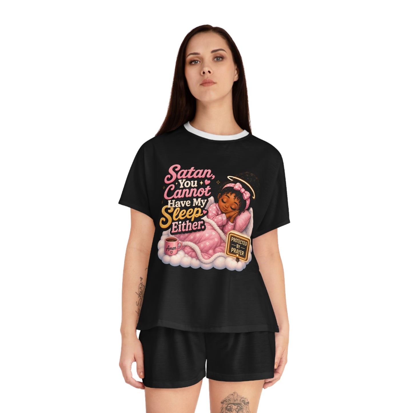 Christian Women's Pajama Set - "Satan You Cannot Have My Sleep Either" Cute Prayer Angel Sleepwear - ClaimedbyGodDesigns