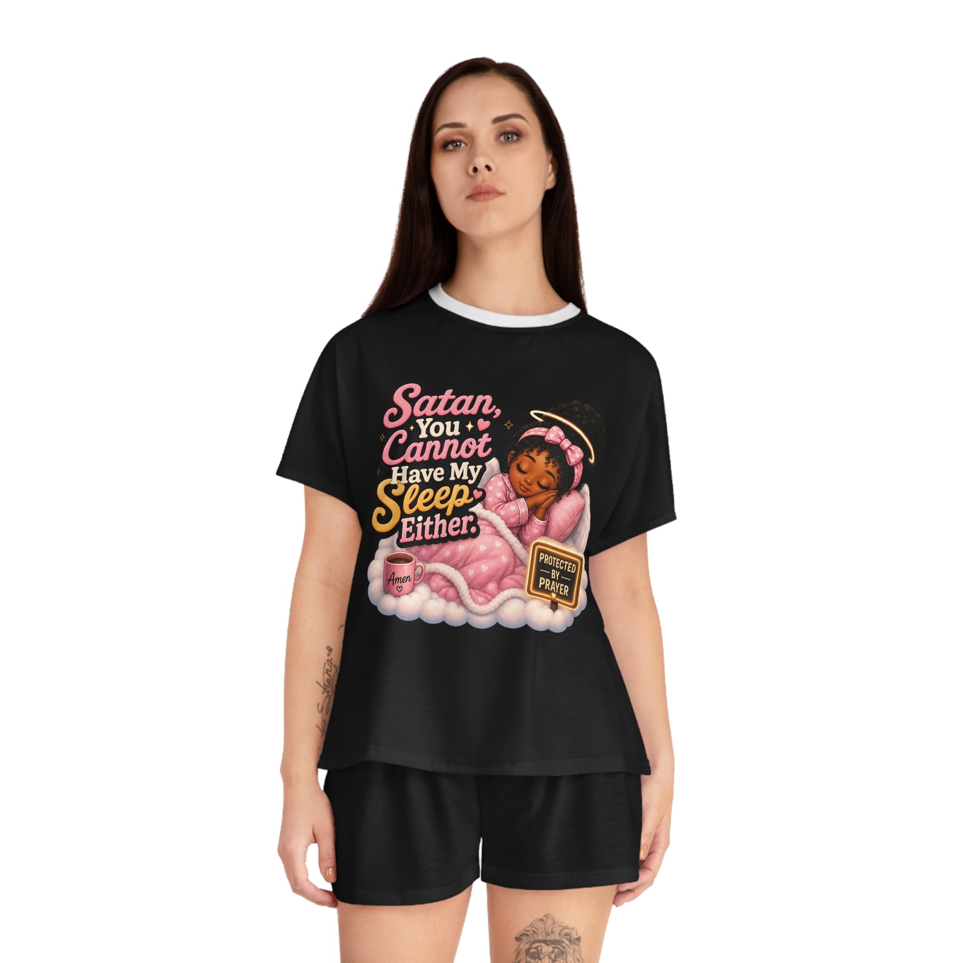 Christian Women's Pajama Set - "Satan You Cannot Have My Sleep Either" Cute Prayer Angel Sleepwear - ClaimedbyGodDesigns