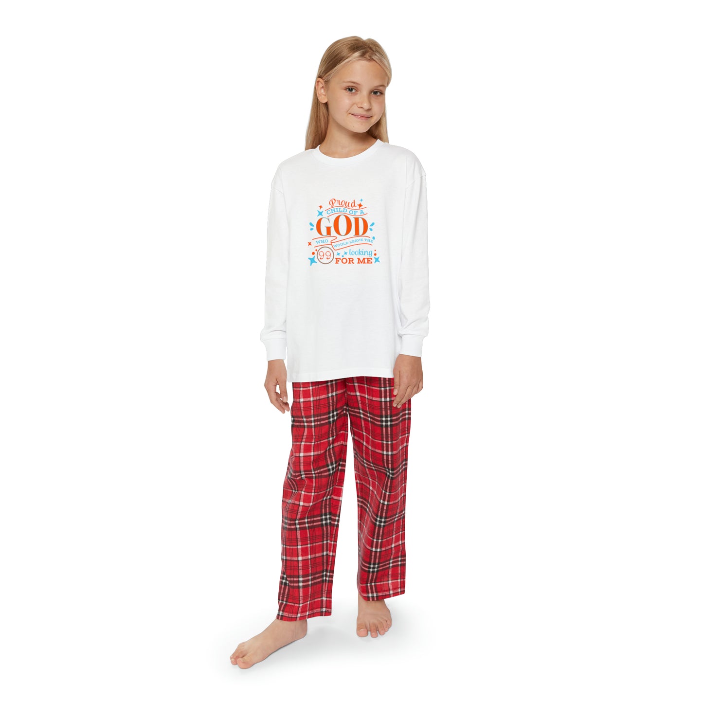 Proud Child Of A God Who Would Leave The 99 Looking For Me Youth Christian Long Sleeve Pajama Set Printify