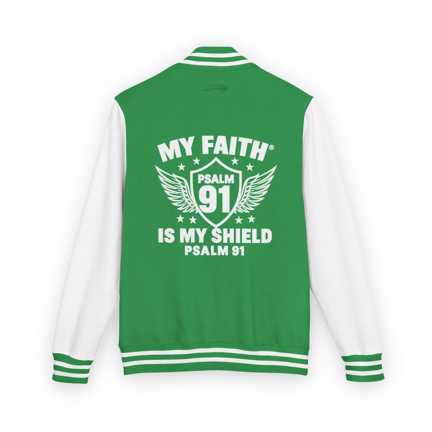 Letterman Jacket — “My Faith Is My Shield” 91 Vintage Varsity Jacket - ClaimedbyGodDesigns