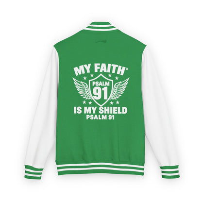 Letterman Jacket — “My Faith Is My Shield” 91 Vintage Varsity Jacket - ClaimedbyGodDesigns