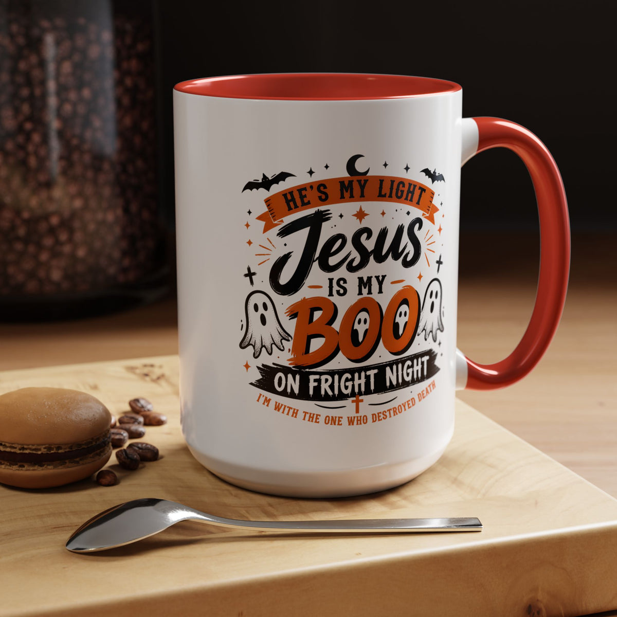 Christian Coffee Mug — "He's My Light, Jesus Is My Boo" Halloween Accent Mug