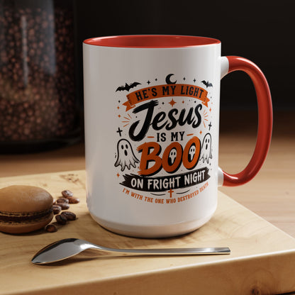 Christian Coffee Mug — "He's My Light, Jesus Is My Boo" Halloween Accent Mug