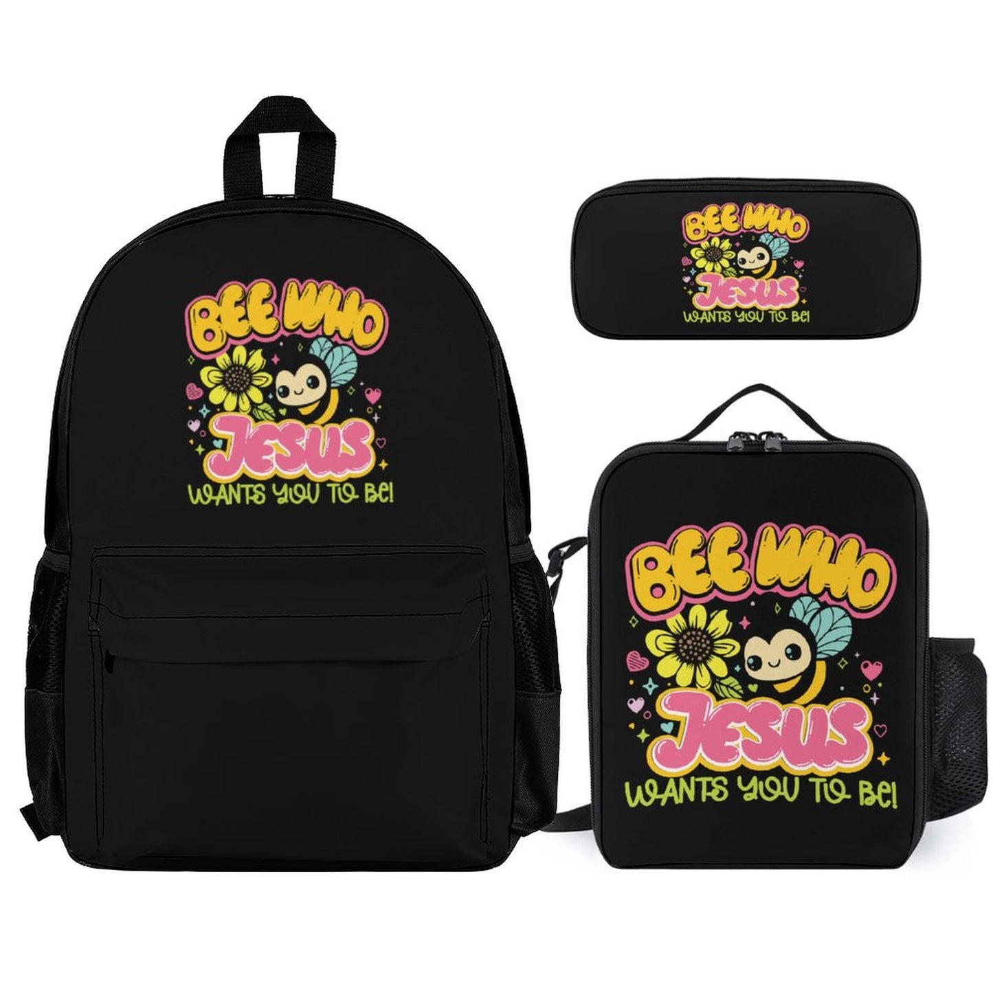 Bee Who Jesus Wants You To Be Christian Backpack Set of 3 Bags (Shoulder Bag Lunch Bag & Pencil Pouch)