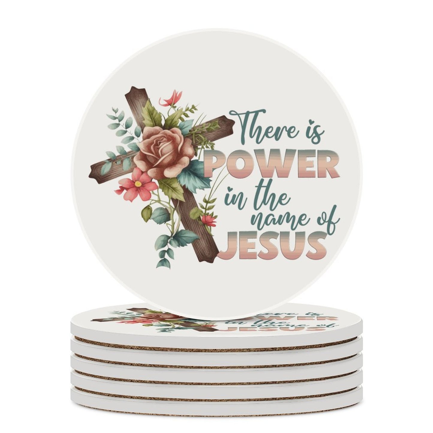 There Is Power In His Name Christian Round Ceramic Coaster - ClaimedbyGodDesigns