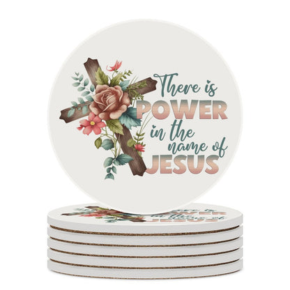There Is Power In His Name Christian Round Ceramic Coaster - ClaimedbyGodDesigns