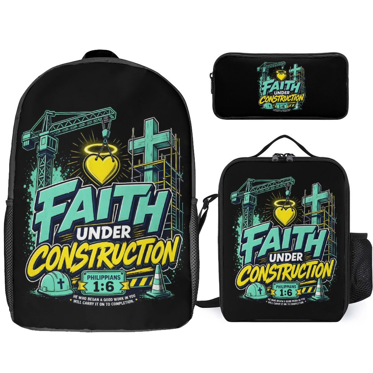 Faith Under Construction Christian 3 PCS Bag Set (Backpack, Lunch Bag and Pencil Case) - ClaimedbyGodDesigns