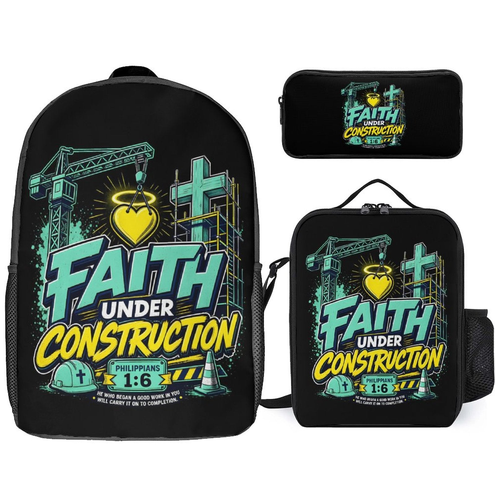 Faith Under Construction Christian 3 PCS Bag Set (Backpack, Lunch Bag and Pencil Case) - ClaimedbyGodDesigns