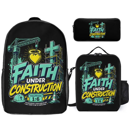 Faith Under Construction Christian 3 PCS Bag Set (Backpack, Lunch Bag and Pencil Case) - ClaimedbyGodDesigns