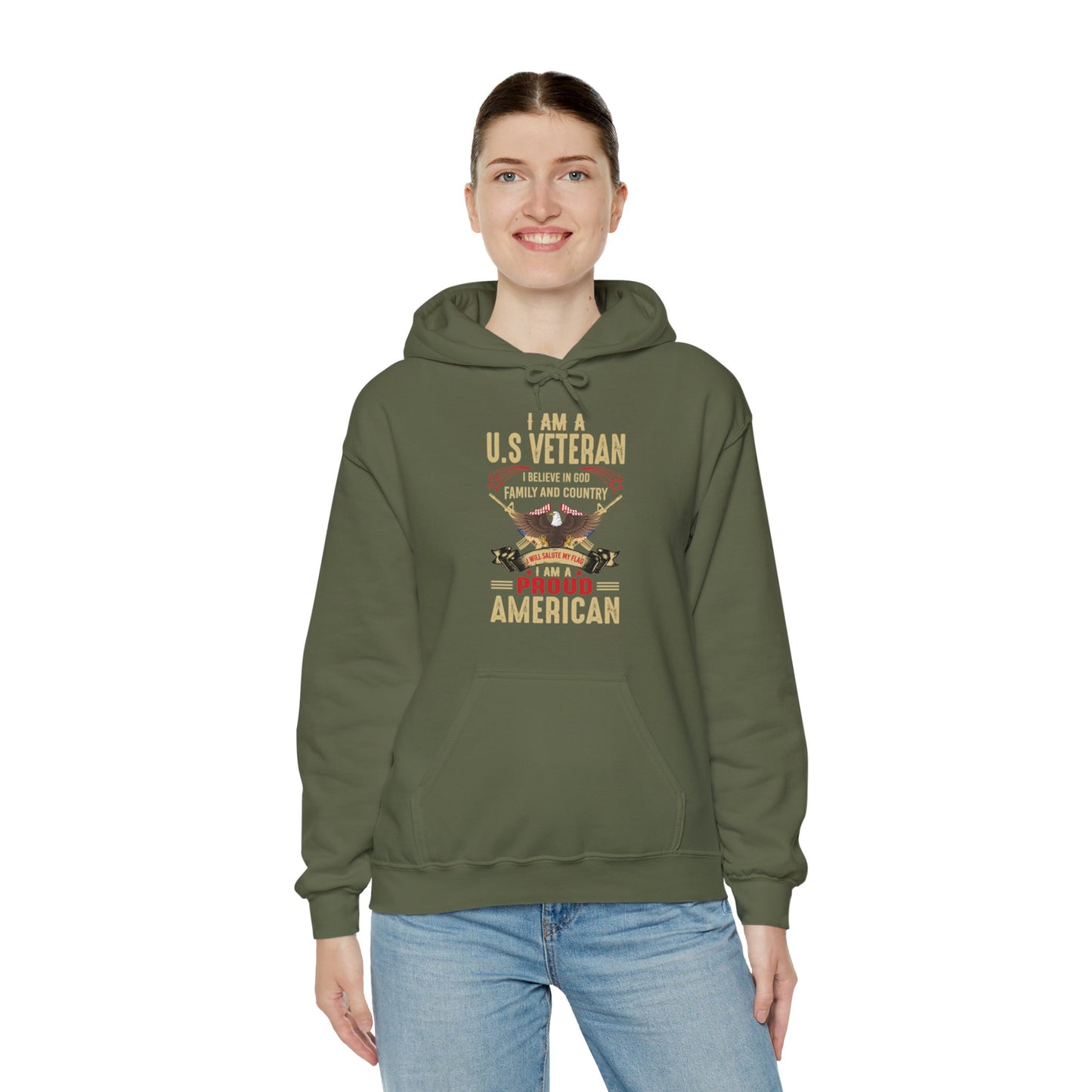 I Am A US Veteran I Believe In God Family And Country I Am A Proud American Patriotic Unisex Christian Pullover Hooded Sweatshirt