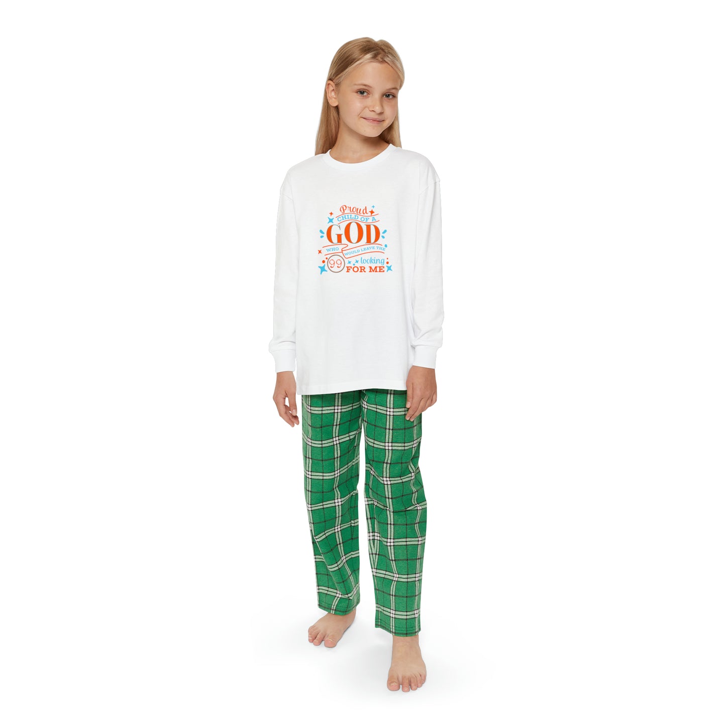 Proud Child Of A God Who Would Leave The 99 Looking For Me Youth Christian Long Sleeve Pajama Set Printify