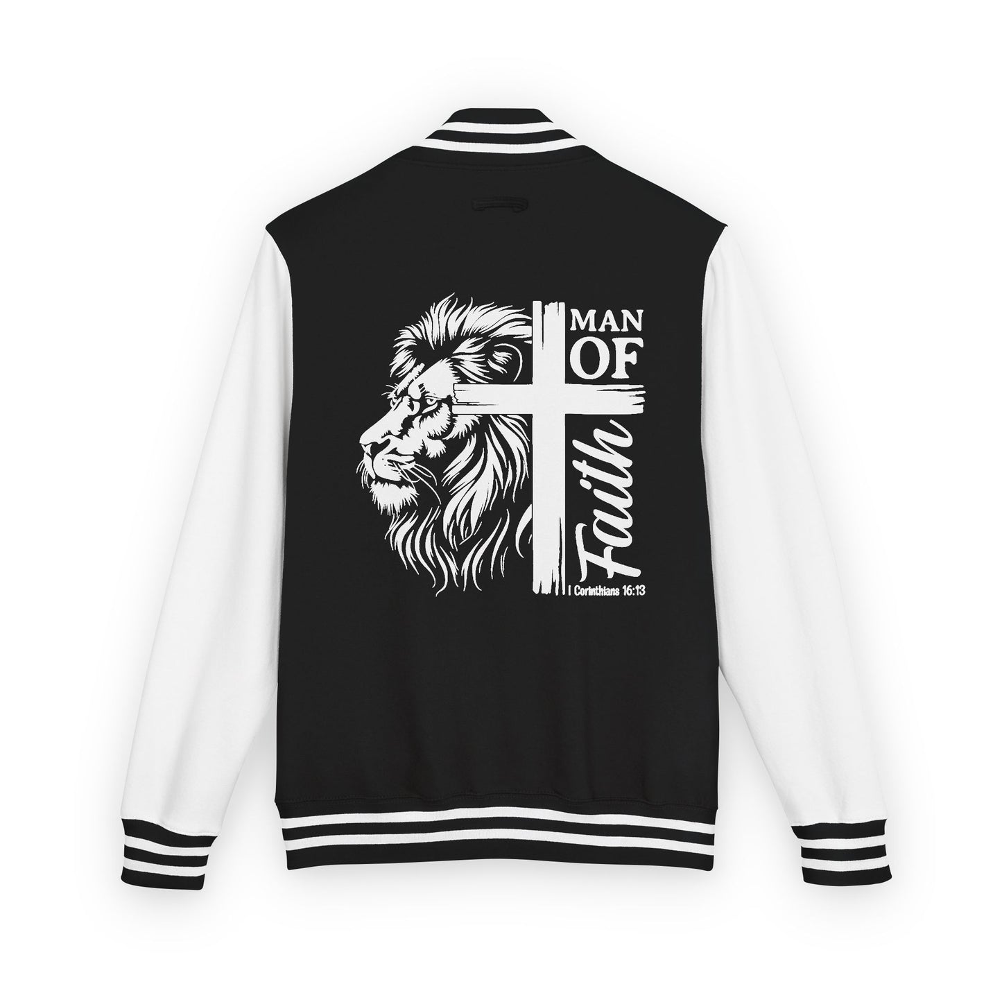 Men's Christian Heavyweight Letterman Jacket - 'Man of Faith' Lion Print