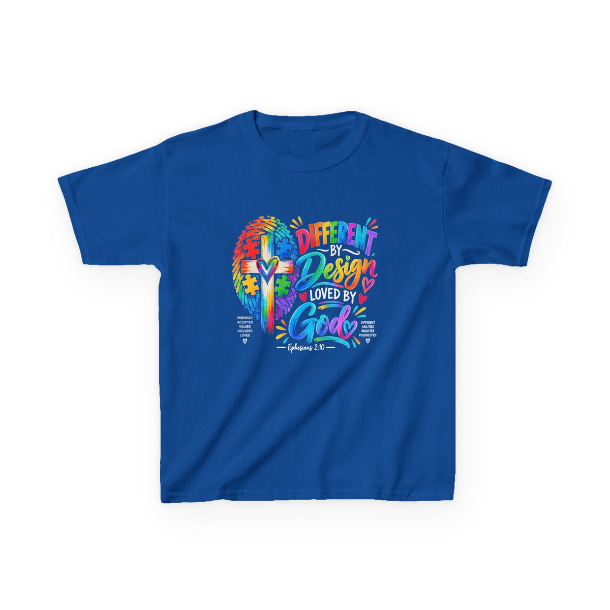 Youth Autism Awareness T-Shirt — "Different by Design, Loved by God" Colorful Cross Tee