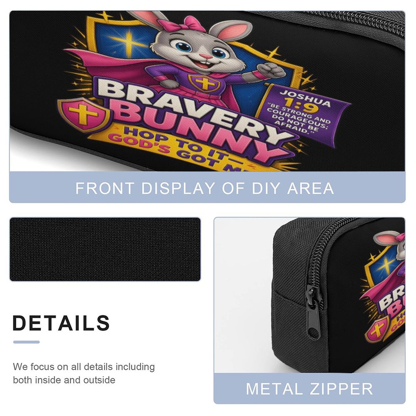 Bravery Bunny Christian 3 PCS Bag Set (Backpack, Lunch Bag and Pencil Case) - ClaimedbyGodDesigns
