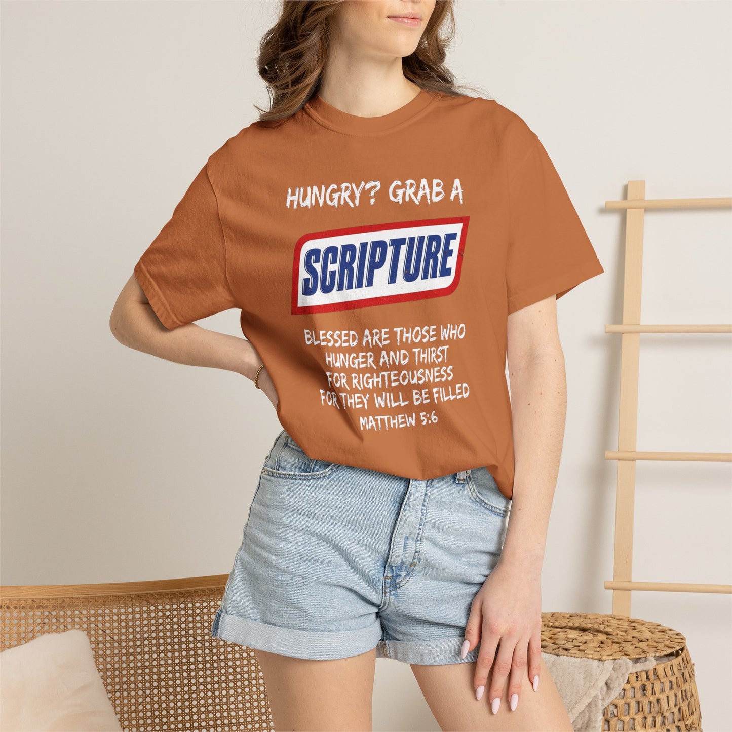 Scripture Snack T-Shirt — "Hungry? Grab a Scripture" Matthew 5:6 Christian Tee