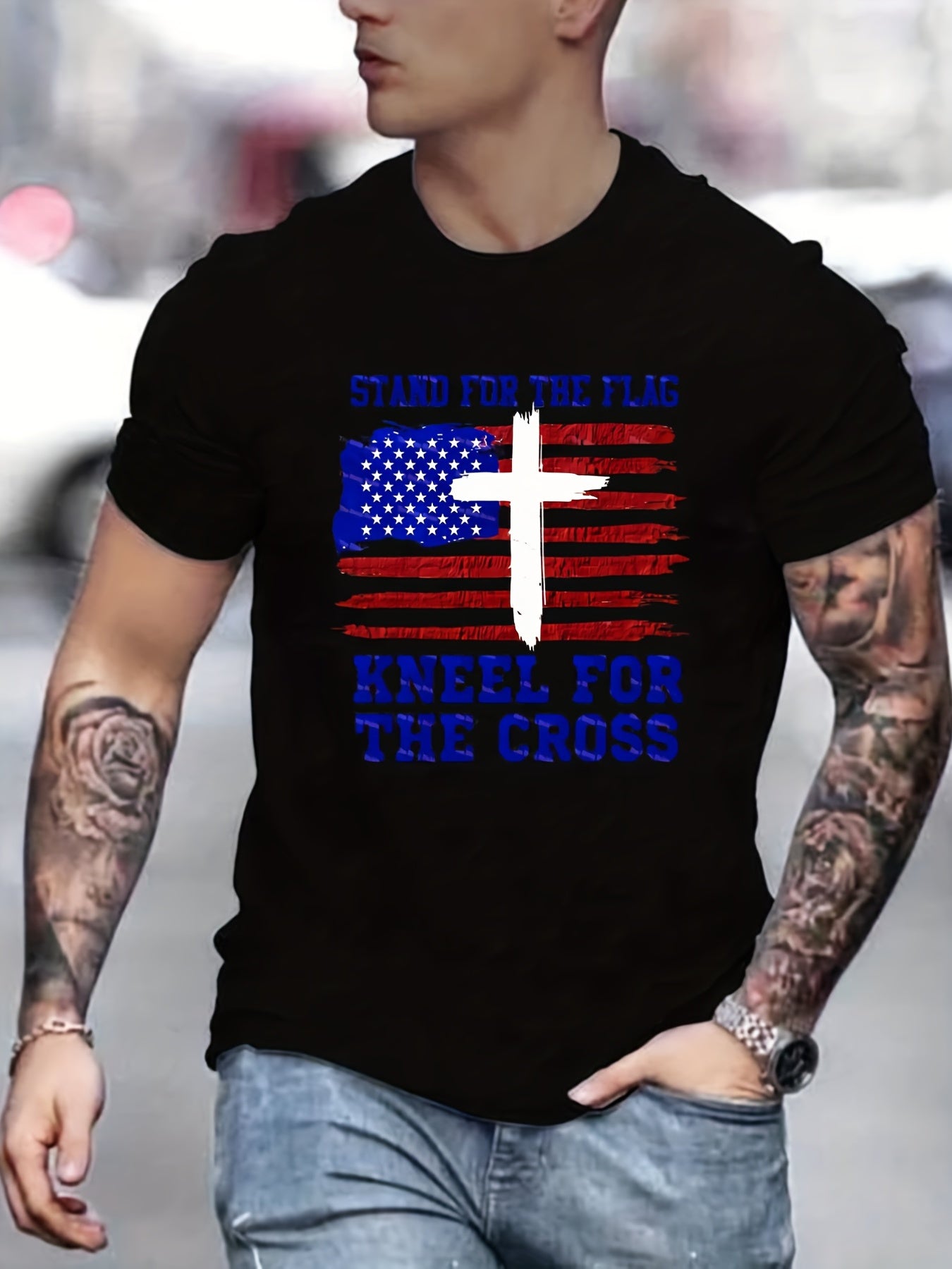 Stand For The Flag Kneel For The Cross Patriotic American Flag Men's Christian T-shirt claimedbygoddesigns