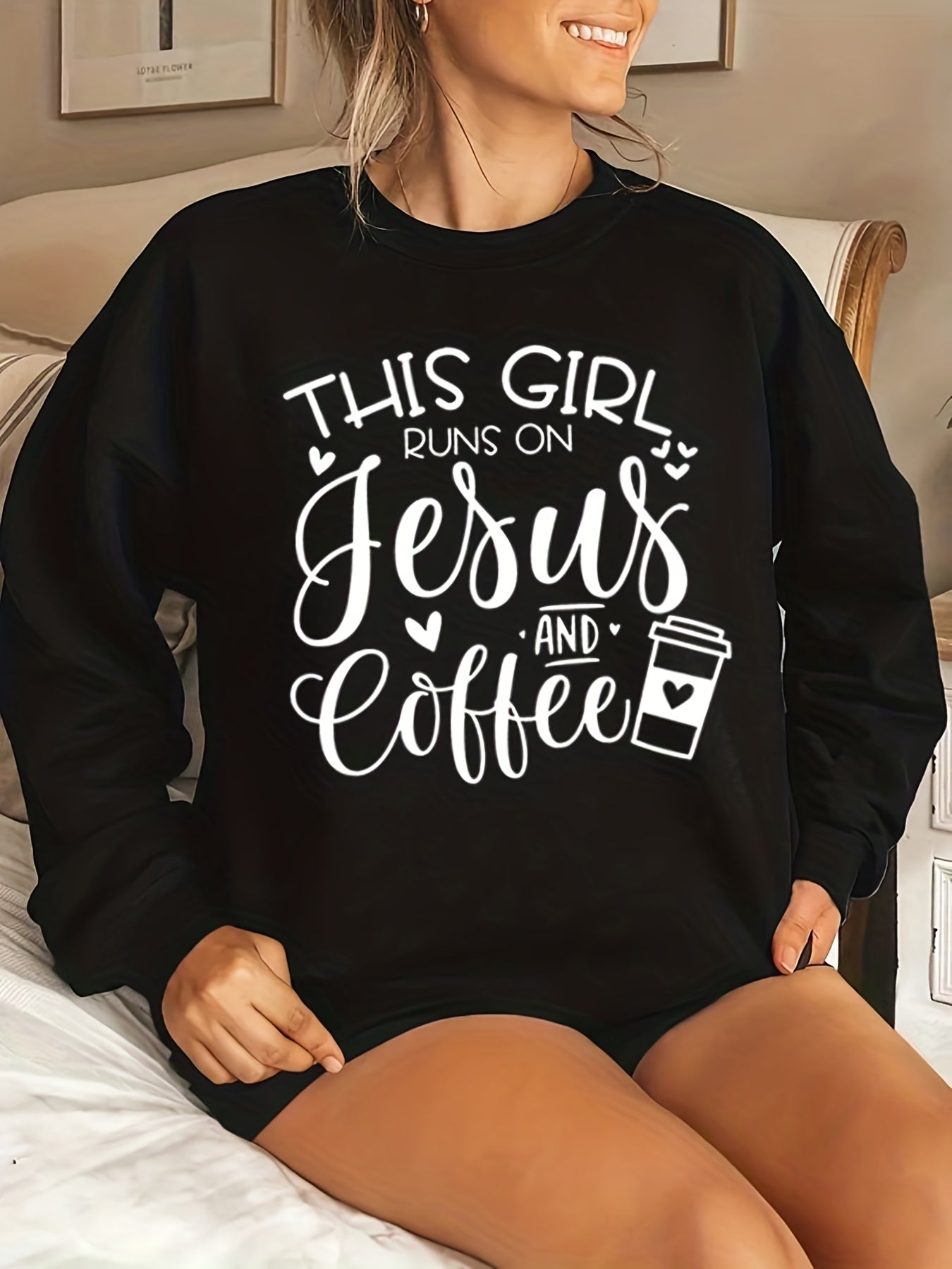 This Girl Runs On Jesus And Coffee Plus Size Women's Pullover Sweatshirt claimedbygoddesigns