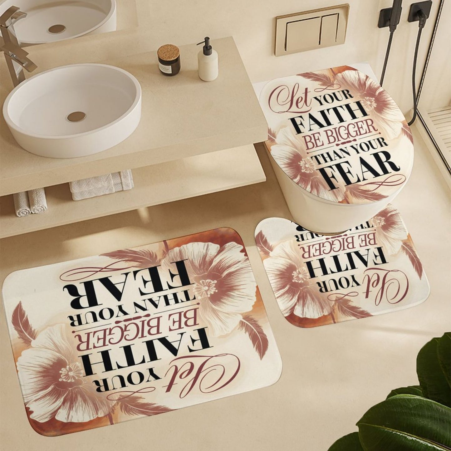 Let Your Faith Be Bigger Than Your Fears Christian Shower Curtain Set with a bath rug, a contour rug and a toilet lid