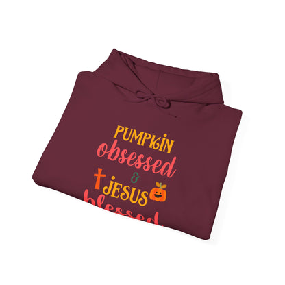 Pumpkin Obsessed And Blessed by Him Halloween Unisex Christian Pullover Hooded Sweatshirt