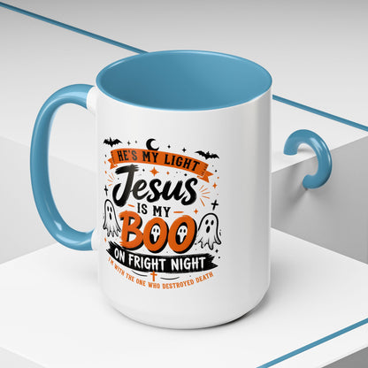 Christian Coffee Mug — "He's My Light, Jesus Is My Boo" Halloween Accent Mug