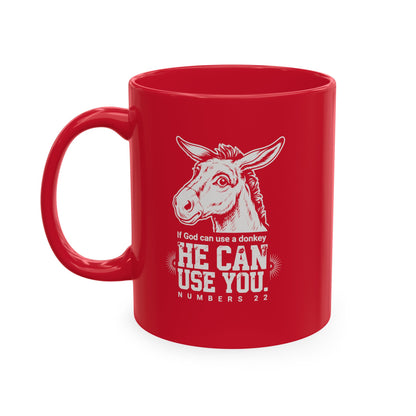Donkey Wisdom Christian Multicolor Ceramic Mug — "If God Can Use A Donkey, He Can Use You" Faith & Farmhouse Coffee Cup