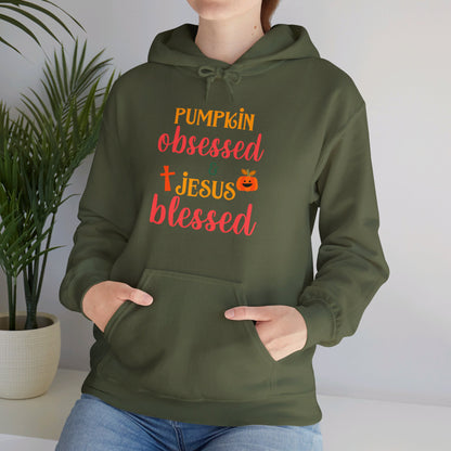 Pumpkin Obsessed And Blessed by Him Halloween Unisex Christian Pullover Hooded Sweatshirt