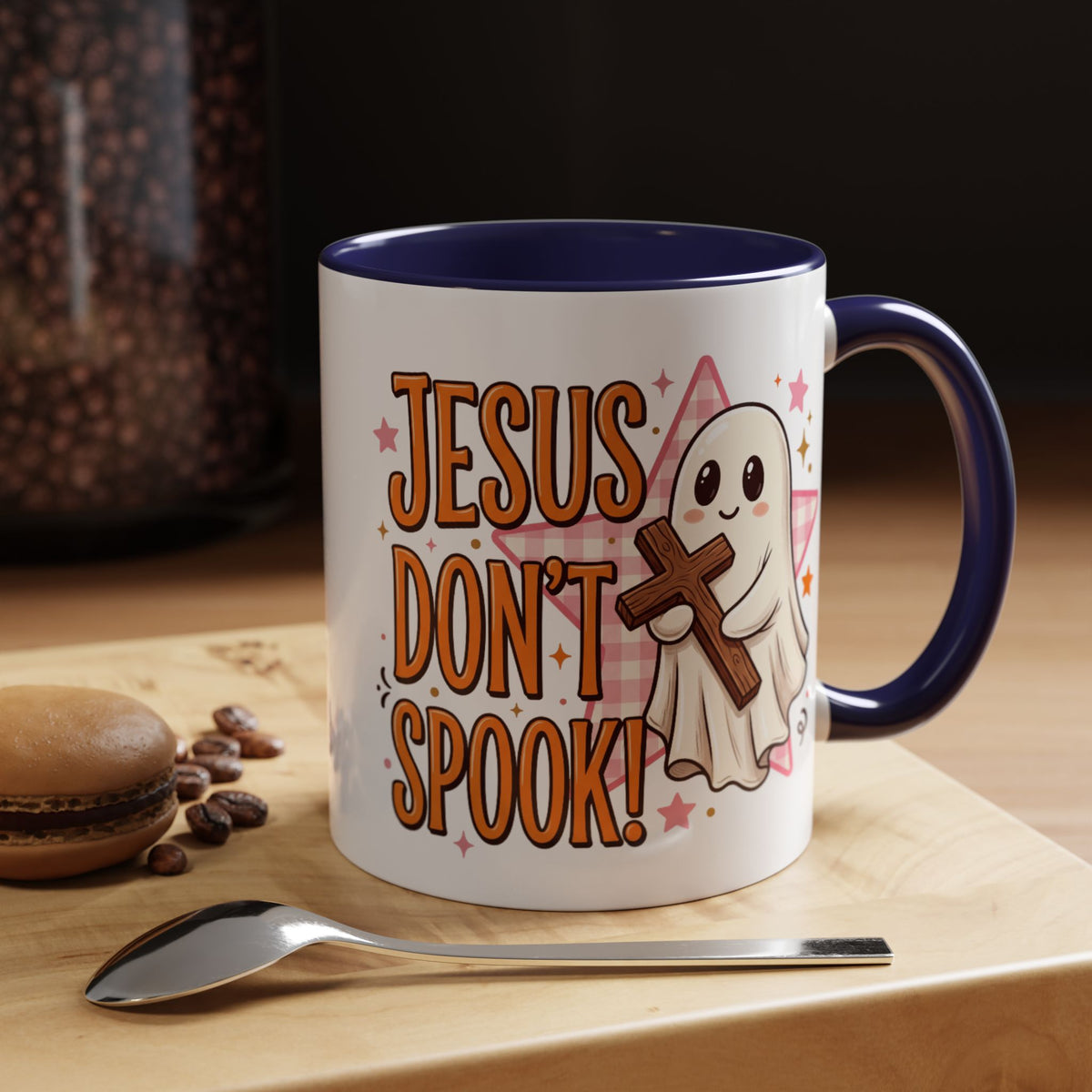Accent Coffee Mug — "Jesus Don't Spook!" Cute Ghost Christian Coffee Mug (11/15oz)