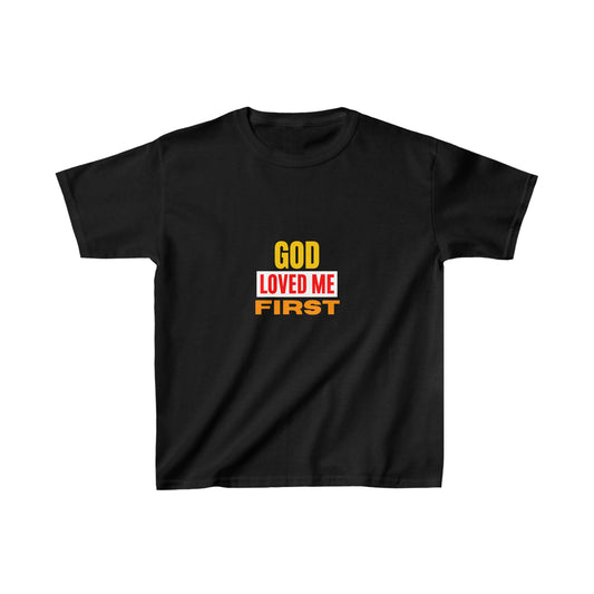 God-Loved-Me-First-Youth-Christian-T-Shirt Printify