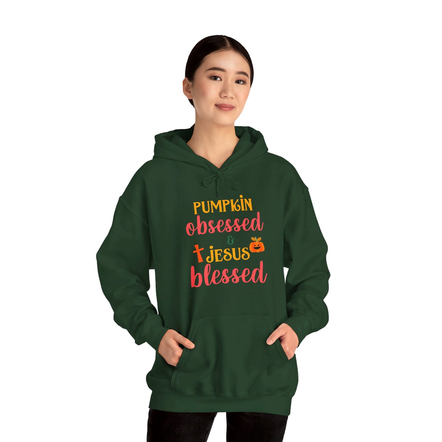 Pumpkin Obsessed And Jesus Blessed Halloween Unisex Christian Pullover Hooded Sweatshirt