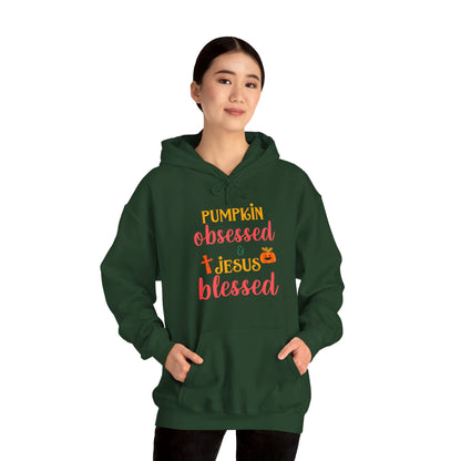 Pumpkin Obsessed And Blessed by Him Halloween Unisex Christian Pullover Hooded Sweatshirt