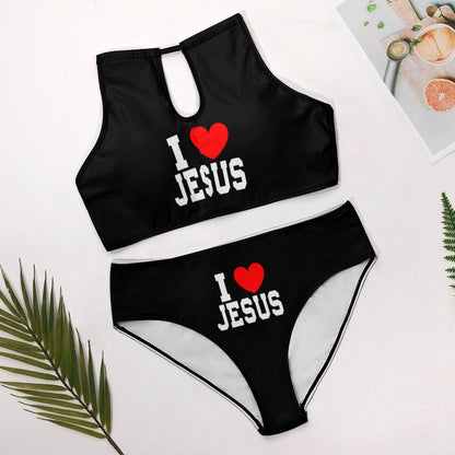 I Love Him Christian Women's Two piece Swimsuit with High Neck Halter Top