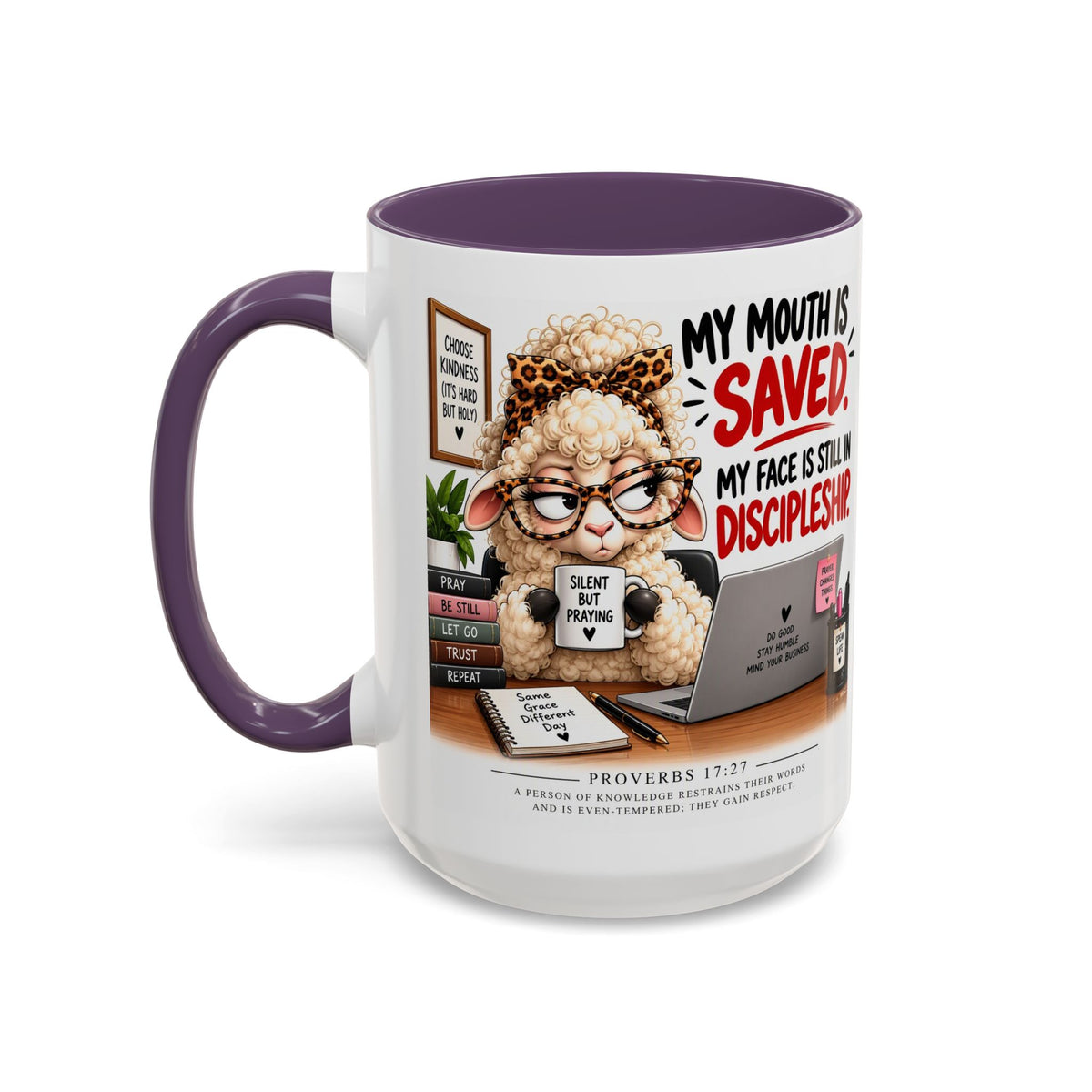 Saved & Sassy Sheep Coffee Mug — "My Mouth Is Saved, My Face Is Still In Discipleship" Accent Mug