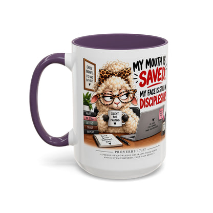 Saved & Sassy Sheep Coffee Mug — "My Mouth Is Saved, My Face Is Still In Discipleship" Accent Mug