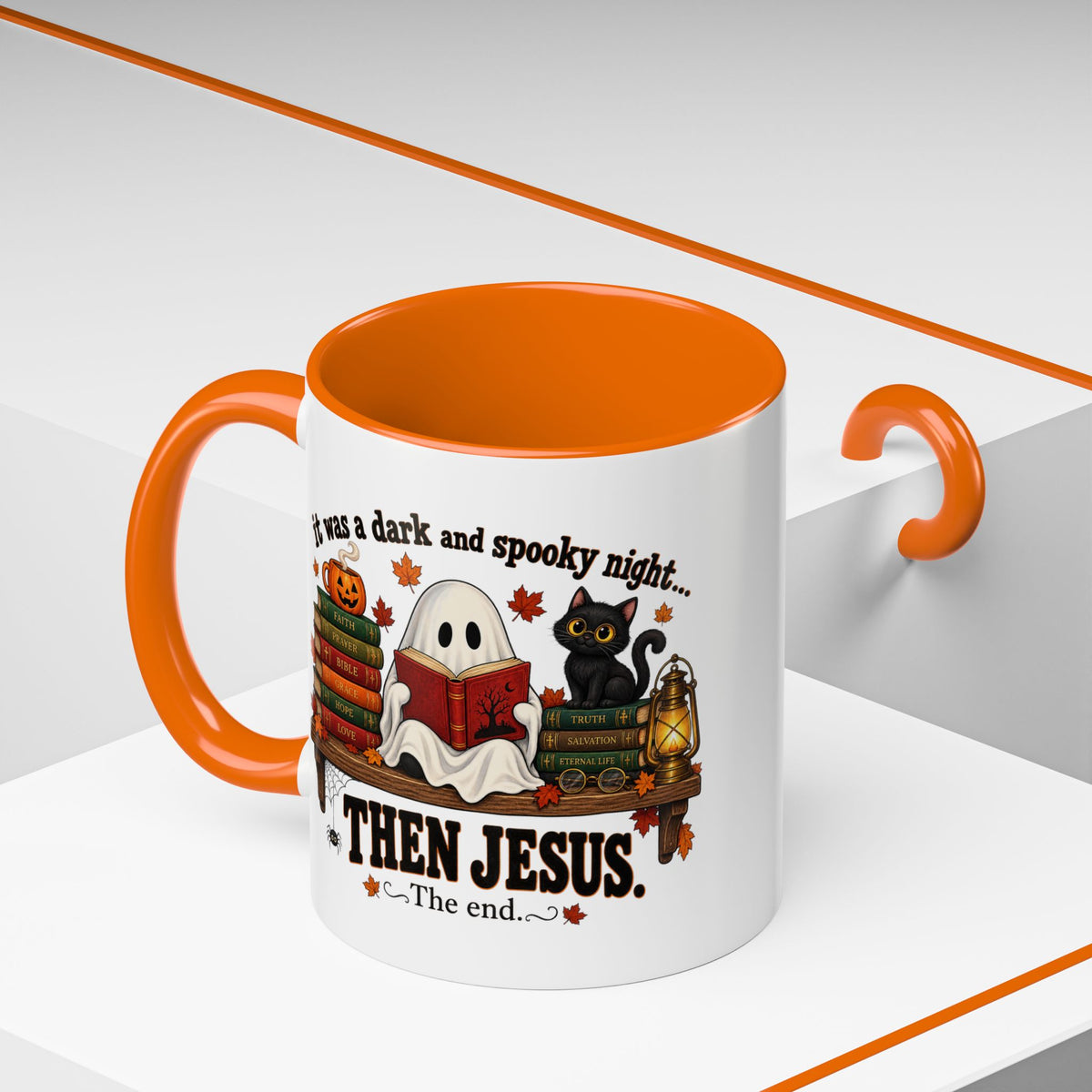 Halloween Christian Coffee Mug — “It Was a Dark and Spooky Night… Then Jesus” Accent Mug