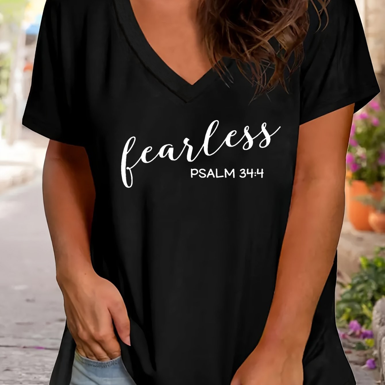 Psalm 34:4 Fearless Plus Size Women's Christian V Neck T-Shirt claimedbygoddesigns
