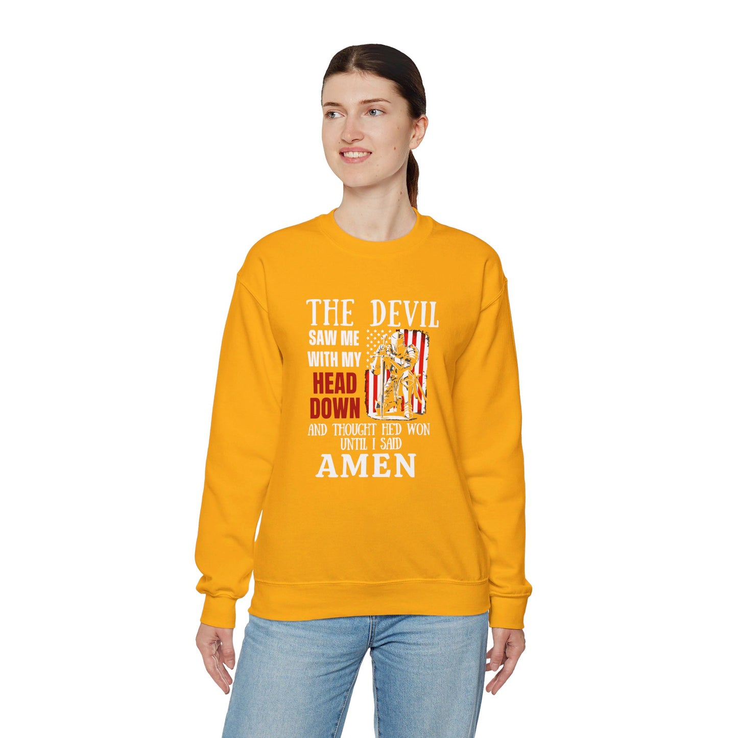 The Devil Saw Me With My Head Down And Thought He'd Won Until I Said Amen American Patriotic Flag Unisex Heavy Blend™ Crewneck Christian Sweatshirt