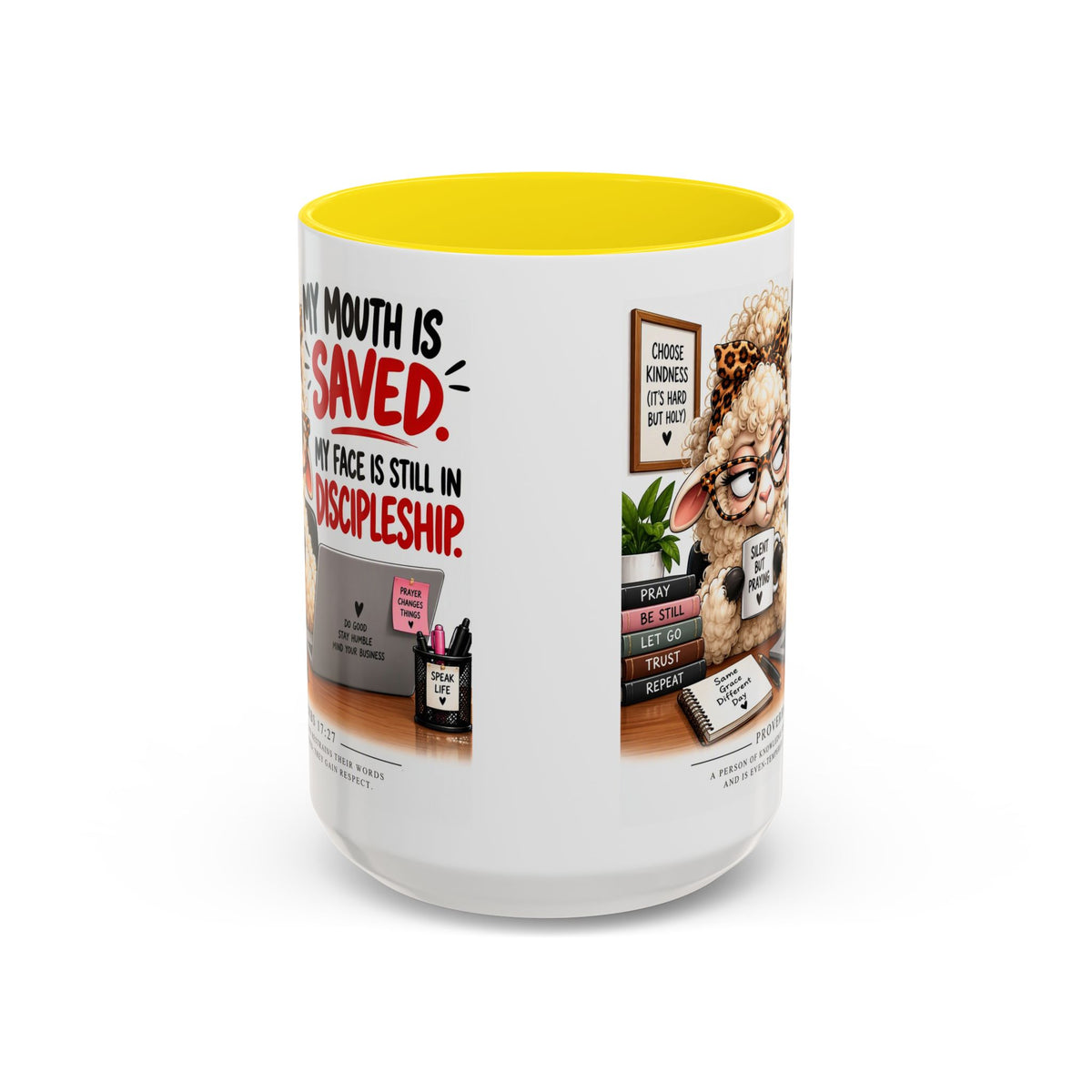 Saved & Sassy Sheep Coffee Mug — "My Mouth Is Saved, My Face Is Still In Discipleship" Accent Mug