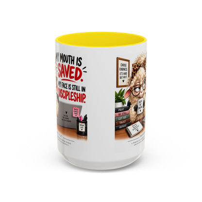 Saved & Sassy Sheep Coffee Mug — "My Mouth Is Saved, My Face Is Still In Discipleship" Accent Mug