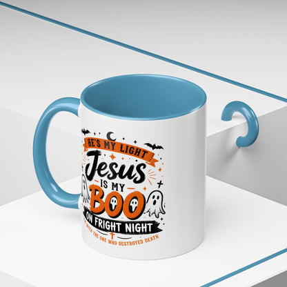 Christian Coffee Mug — "He's My Light, Jesus Is My Boo" Halloween Accent Mug