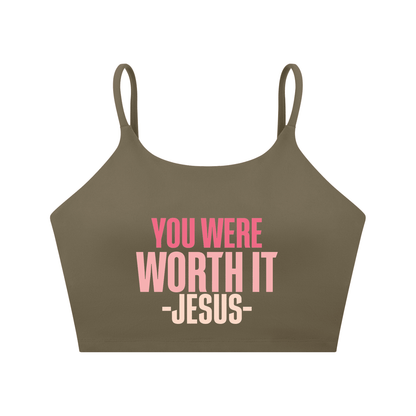 You Were Worth It Women's Christian Spaghetti Strap Yoga Sports Bra - ClaimedbyGodDesigns